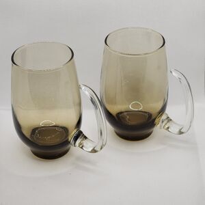 Vintage Set Of 2 Libbey Tempo Tawny Smoke Glasses Open D Handle Beer Mugs MCM